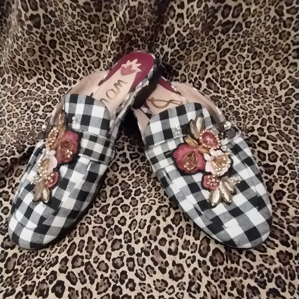 2723 Size 7.5 Sam Edelman Black And White Embellished Slides - Picture 2 of 9